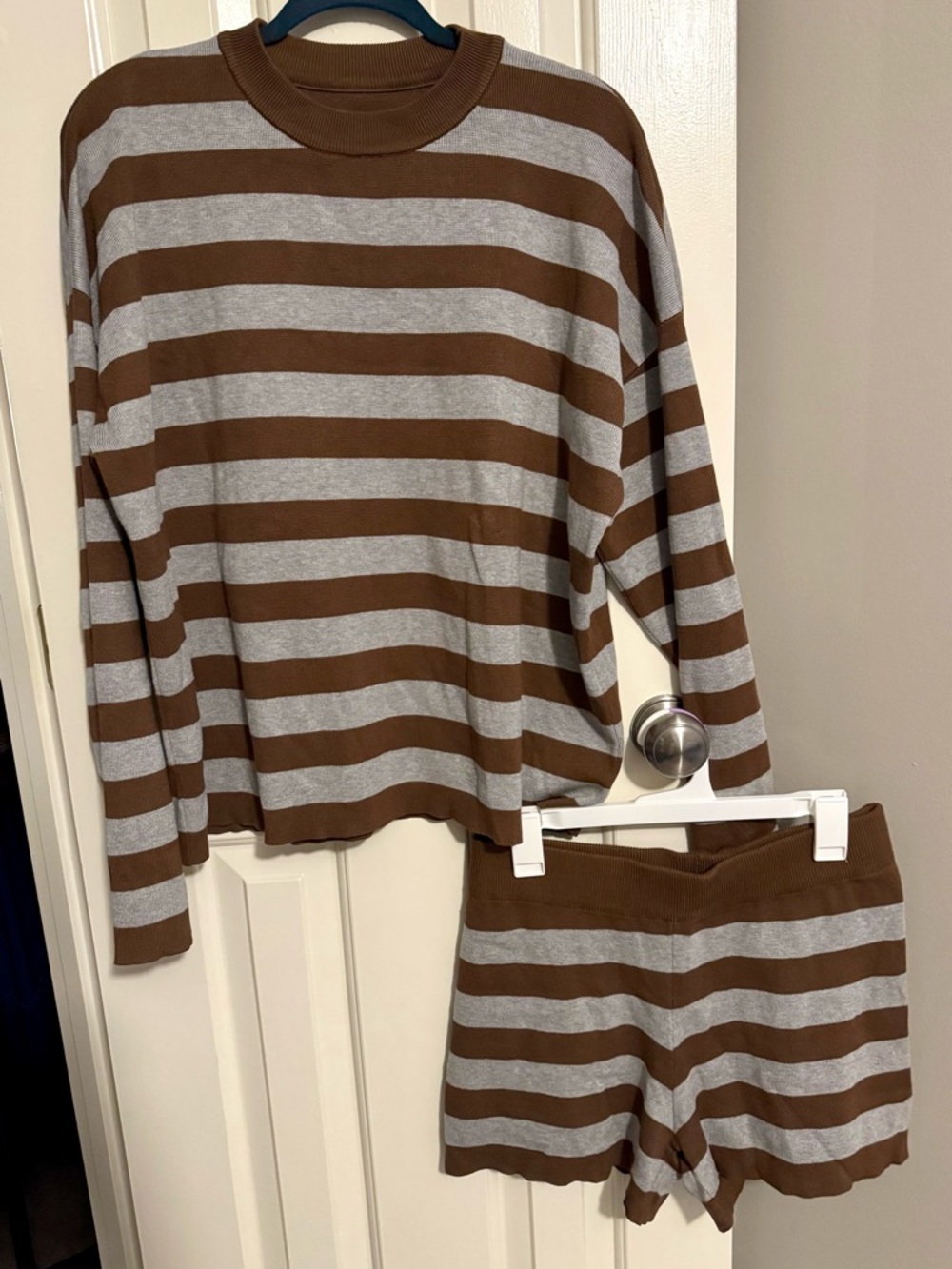 Brown and Gray Striped Pajama Set - Cozy Two-Piece Sleepwear